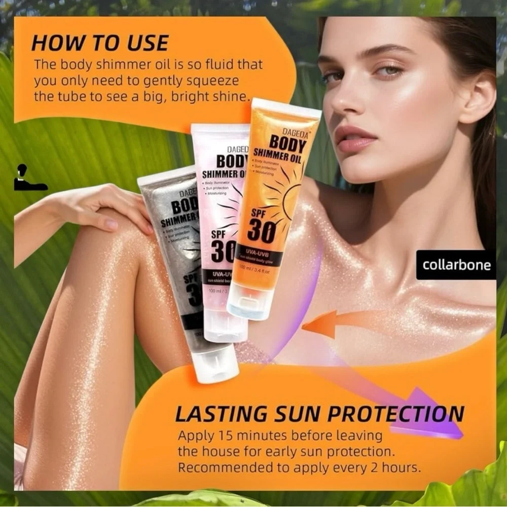 Dageda Rose Body Oil Shimmer SPF 30 Sun Shield Protection Face Body Glow 2-3.4oz